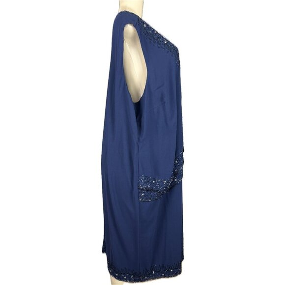 Roaman's 24W Navy Sequin Beaded V-Neck Lined Layers Sleeveless Below Knee Dress - Picture 3 of 6